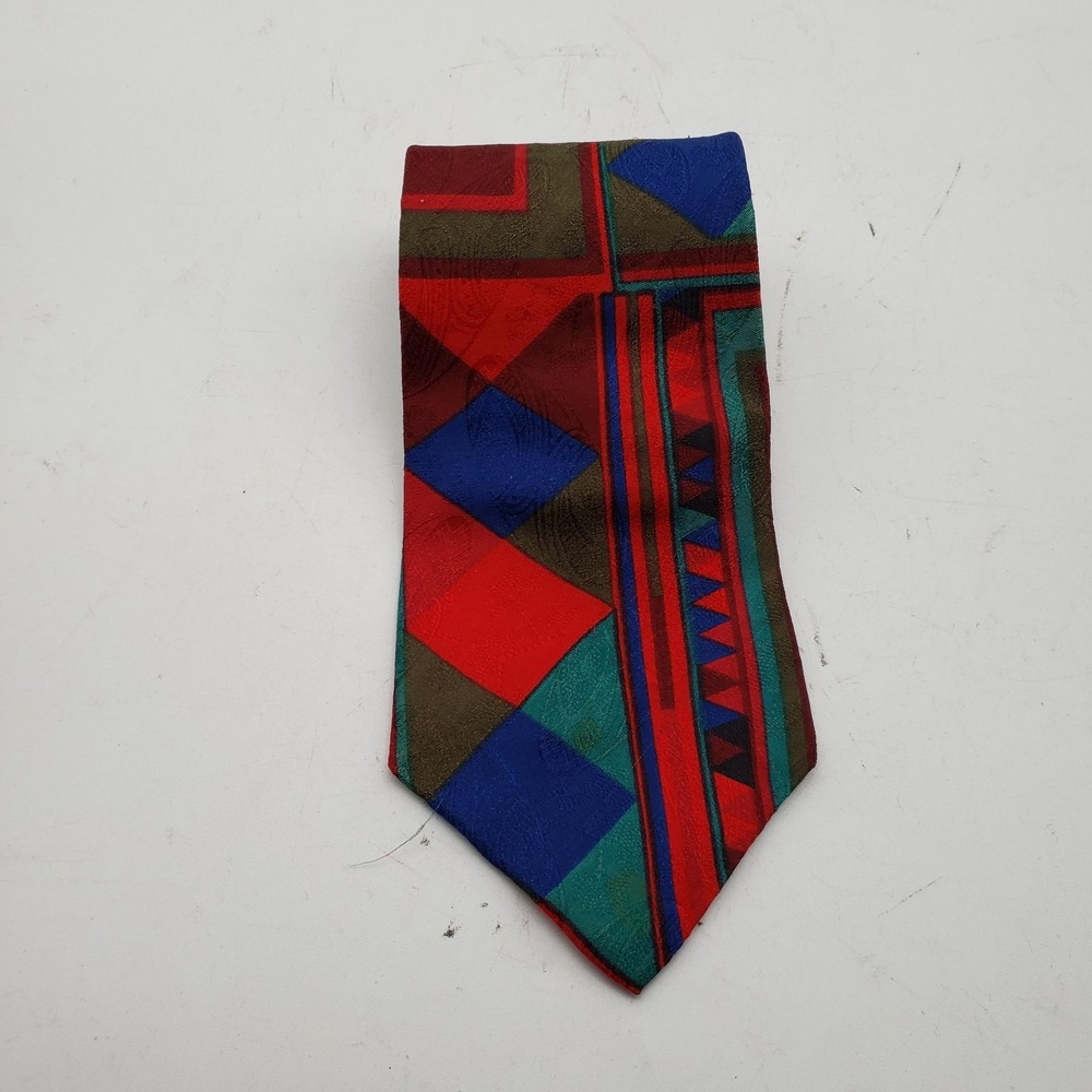 Vintage Halston III Necktie Mens One Size Multicolor Geometric Italian Silk